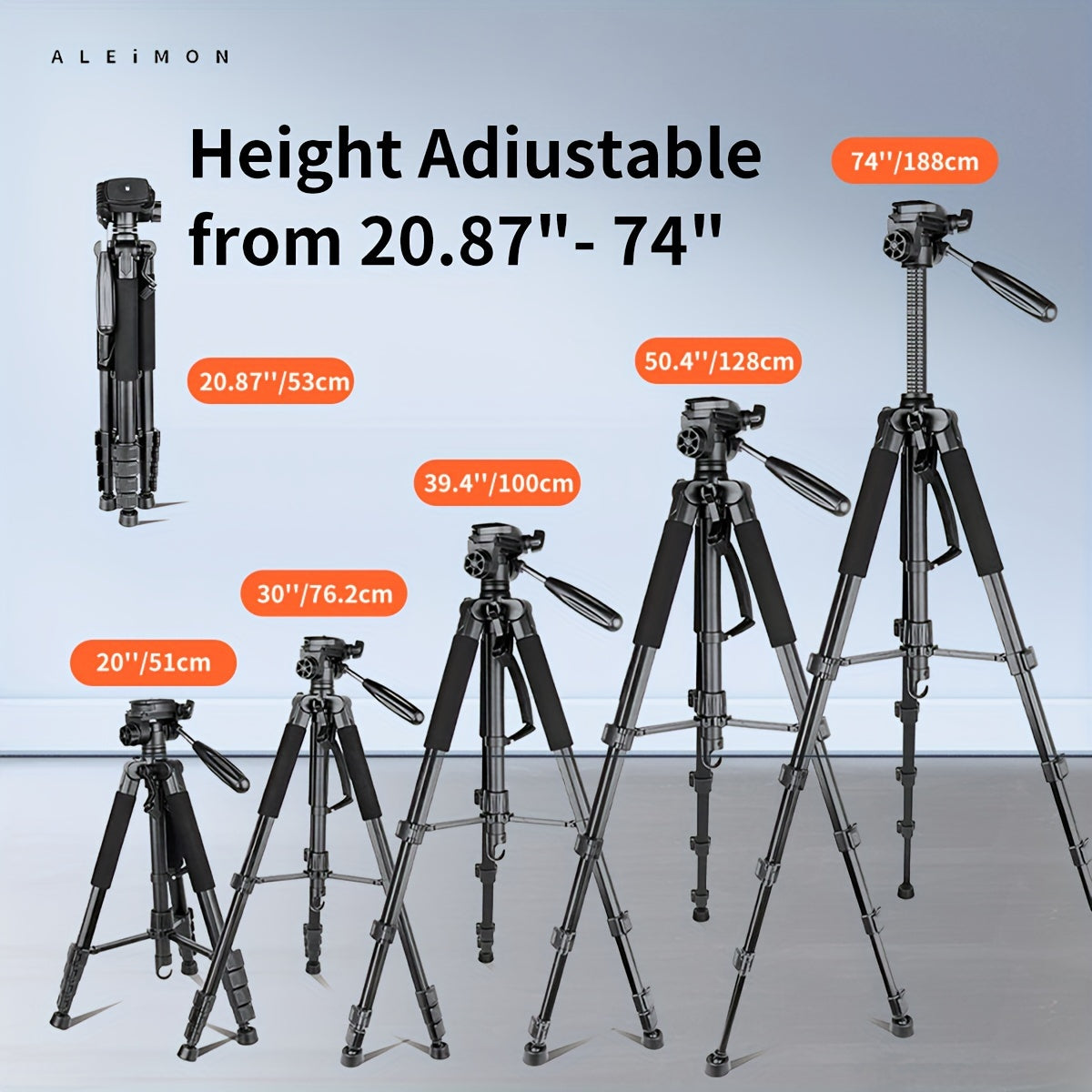 ALEiMON 74in/188cm Heavy-Duty Aluminum Tripod Stand for DSLR Cameras & Phones - 14lb Capacity, Adjustable Height, 3-Section Design with Tote Bag (Red)