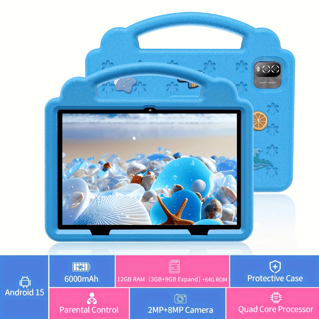 [10.1-Inch Kids' Tablet] Android 15 Tablet, 10.1-Inch Kids' Tablet with Protective Case, 12GB (3GB + 9GB Expandable) ROM, 64GB RAM, Wi-Fi, Dual Cameras, Parental Controls, Pre-Installed Apps And Games, Educational Tablet for Preschoolers with Case, Tablet