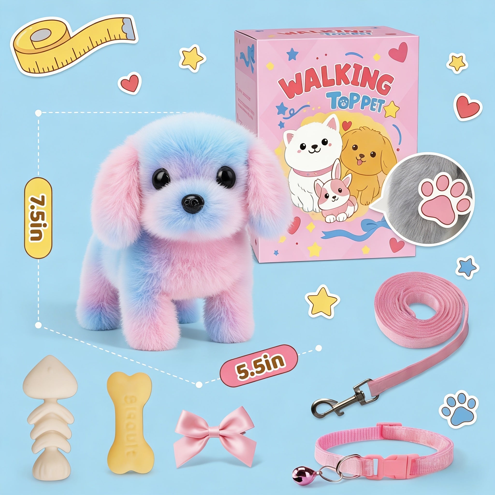 Electric Plush Puppy Toy With Additions | Realistic Pet Dog Design Walks, Wags Tail, Makes Barking Sounds, Includes Leash, Bone, Bow - Interactive Entertainment Gift Toy