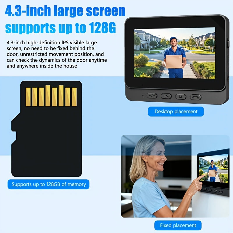 1 Set Smart Wireless Video Doorbell, No WIFI, 4.3"Display Screen, SD Monitor, Waterproof, Two-Way Audio, 2.4G Wireless Connection, 120° Angle, No APP, Highquality Lens Doorbell Camera, Rechargeable Battery
