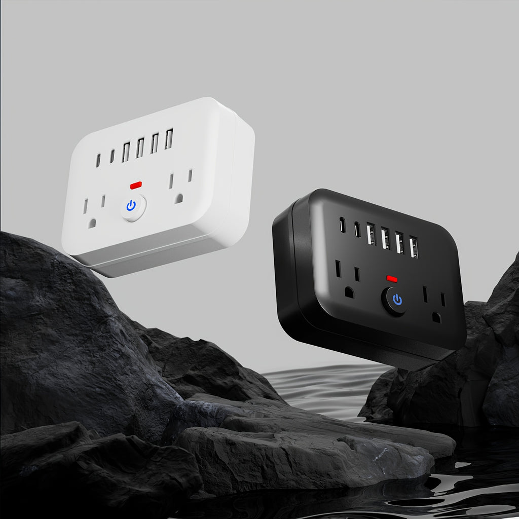 Mini Portable Surge Protector Power Strip, 8-in-1 Multifunction with 2 Outlets, 4 USB Ports, 2 USB-C Jacks, Overload Protection, US Plug, Wall-Mounted for Home, Travel, Office - Black & White, Travel Accessory | Sleek Black Design | Multi-port Surge