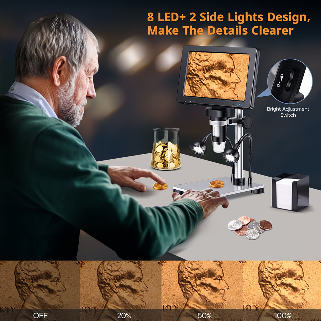 Dm9 7-Inch LCD Digital Microscope 1200X, 1080P Coin Microscope Magnifier, with 10 Adjustable LED Lights, 12MP Super Precise Focus Welding Microscope, Suitable for Adults, Can Connect to A Computer for Viewing, Men's Gift