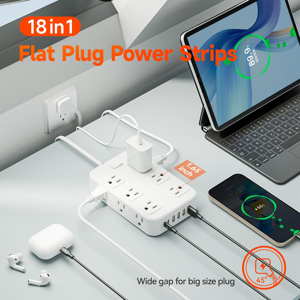 Multifunctional Surge Protector Power Strip, 12 Widely Distributed AC Outlets, 6 USB Charging Ports (4 USB A & 2 USB C)for Efficient Charging, Safe and Portable, Desktop Charging Station, Ideal for Home, Dorm, Office, and Travel Essentials