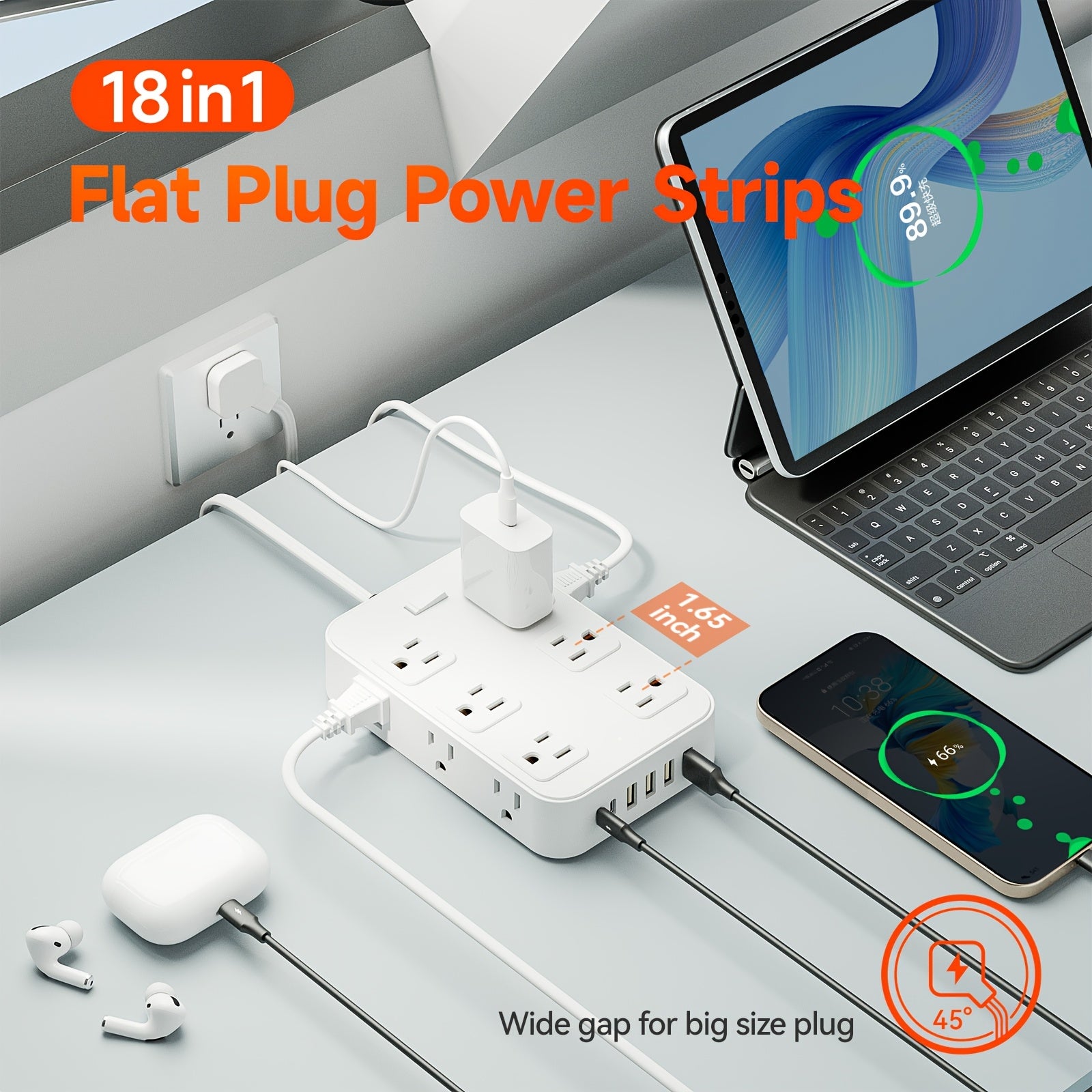 Multifunctional Surge Protector Power Strip, 12 Widely Distributed AC Outlets, 6 USB Charging Ports (4 USB A & 2 USB C)for Efficient Charging, Safe and Portable, Desktop Charging Station, Ideal for Home, Dorm, Office, and Travel Essentials