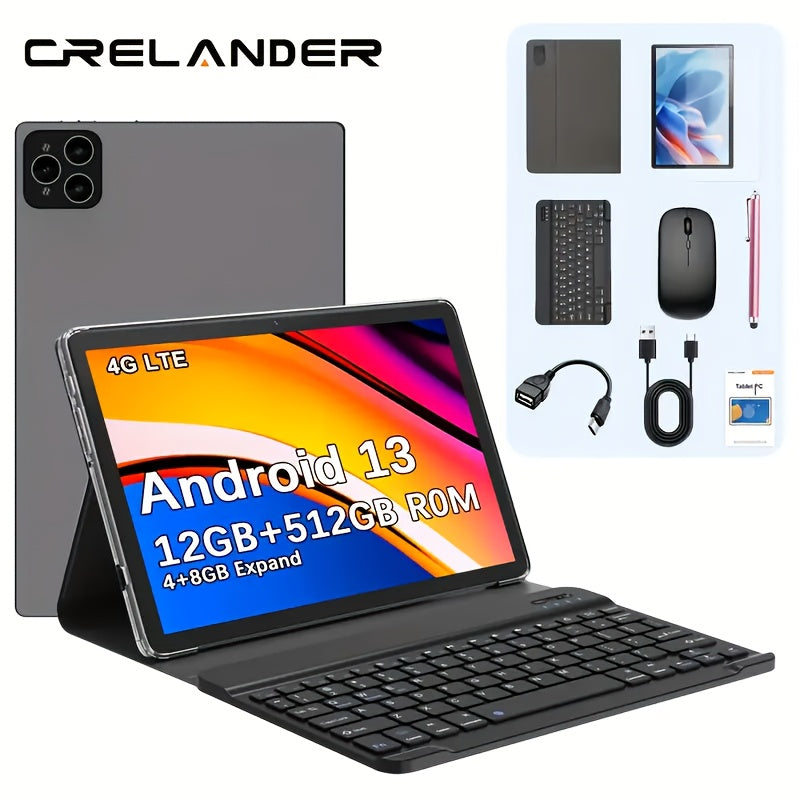 CRELANDER 2025 Android 25, 65Cm Tablet PC with 12GB RAM (Expandable 4GB + 8GB) And 512GB Storage, Supports 4G LTE, GPS, And WIFI. Comes with a Keyboard, Mouse, Case, And Stylus. Ideal As a Graduation Or New Year Gift, Tablet, Pad