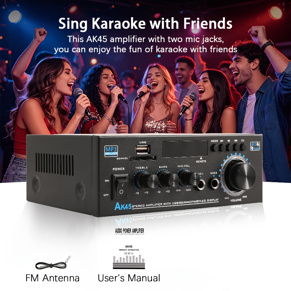 [Bluetooth 5.0 Amp] AK45 Bluetooth 5.0 Audio Receiver, 400W 2 Channel Power Amplifier System, Home Stereo Karaoke Amp With FM Radio, USB, MMC & SD Card Player, Support Passive Ceiling/Garage/Home Theater Speakers