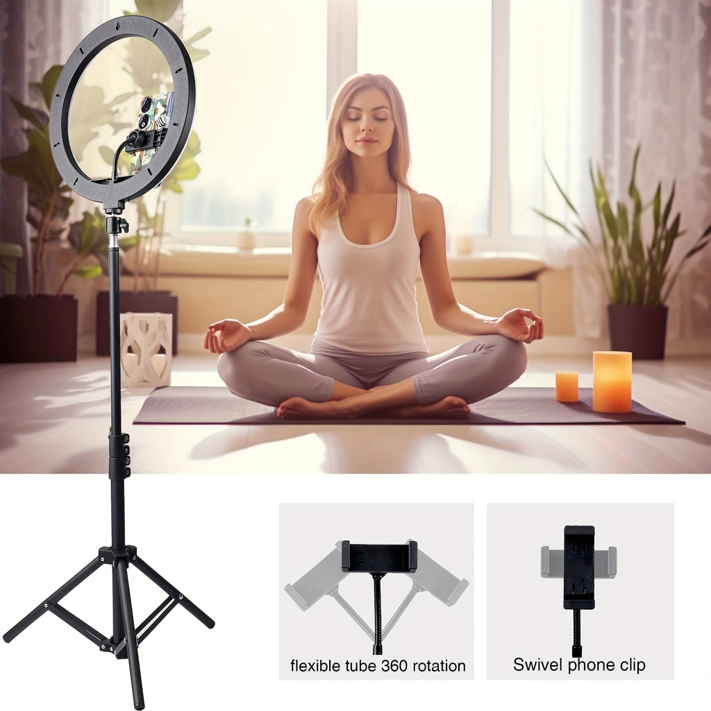 [ZOMEI] 10/12-Inch LED Selfie Ring Light, Compatible with Dual Phone Clips/Adjustable Bracket - 3 Color Modes, 12 Brightness Levels, USB Powered, Phone Stand/Ring-shaped Fill Light- Ideal for Makeup, Photography & Video, Selfie Stick for Phone