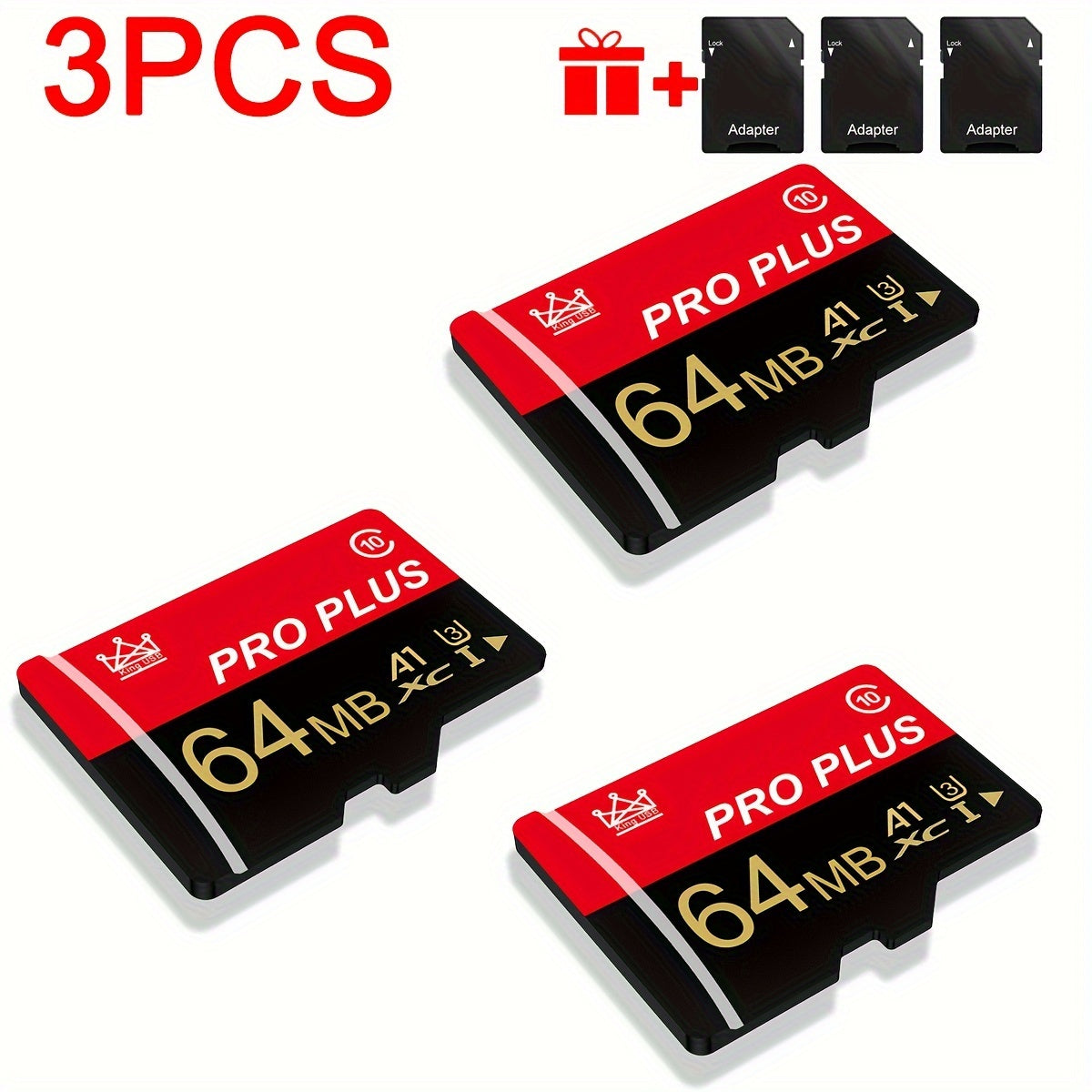High Speed U3 C10 A1 Memory 3pcs Memory Card with Adapter, for Tablet/ Camera/ Mobile Phone/ Camera/ Car Audio/ Game Console, Store Your Files Securely 512MB 256MB 128MB 64MB TF Card