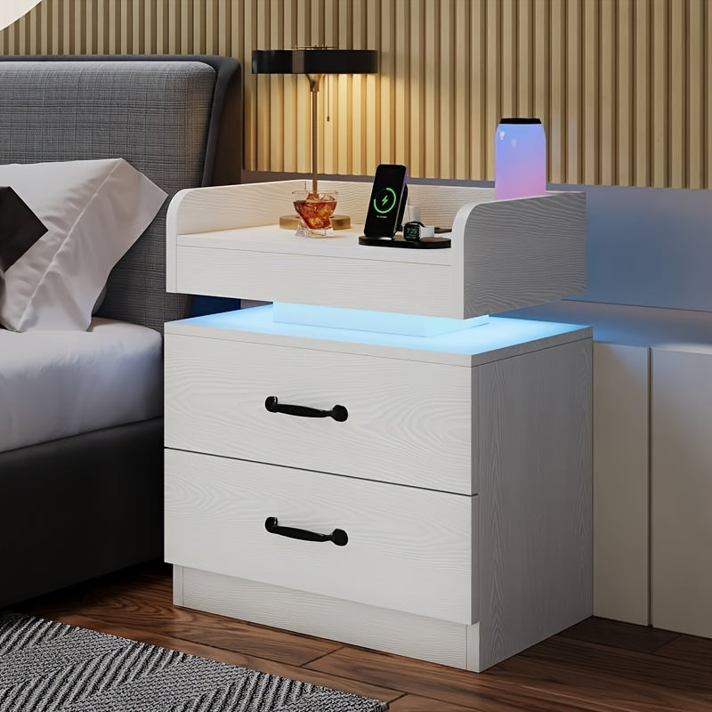 Modern LED Bedside Table with Charging Station, Wooden Bedside Table with Fabric Drawers And Blue LED Lighting, Stylish Bedroom Or Living Room End Table, Ambient Lighting Furniture with Fashionable Design And Multifunctional Drawer Design Gifts.