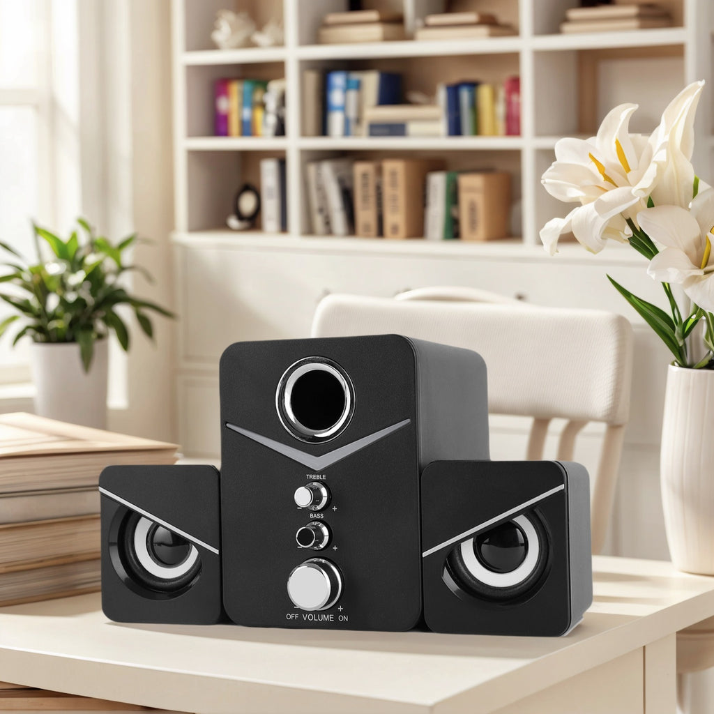 3-Piece Computer Speakers with Subwoofer – USB Desktop Speaker System with 3.5mm Audio Jack, Bass & Treble Control, Blue LED Light for PC/Laptop