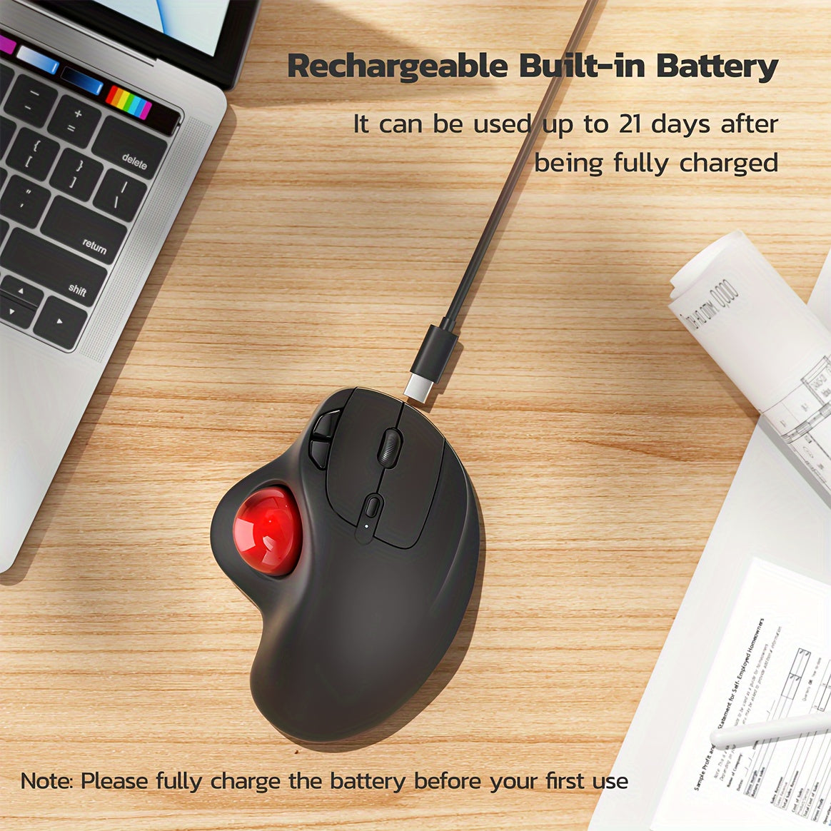 Wireless Trackball Mouse, Rechargeable Ergonomic, Easy Thumb Control, Precise & Smooth Tracking, 3 Device Connection (Wireless Or USB Receiver), Compatible For PC, Laptop, Mac, Windows