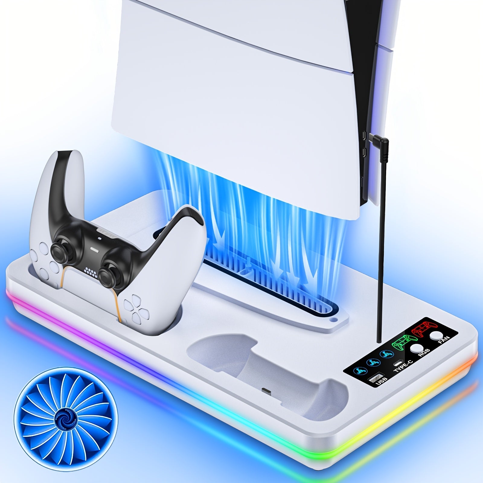 for PS5 Cooling Stand Cooling Station for PS5/Slim/for PS5 Pro Standard & Digital Edition Console, Dual Controller Charging Dock with 3-Speed Adjustable Cooling Fan, 10 RGB Light & USB Hub, for PlayStation5 Console Gaming Accessories