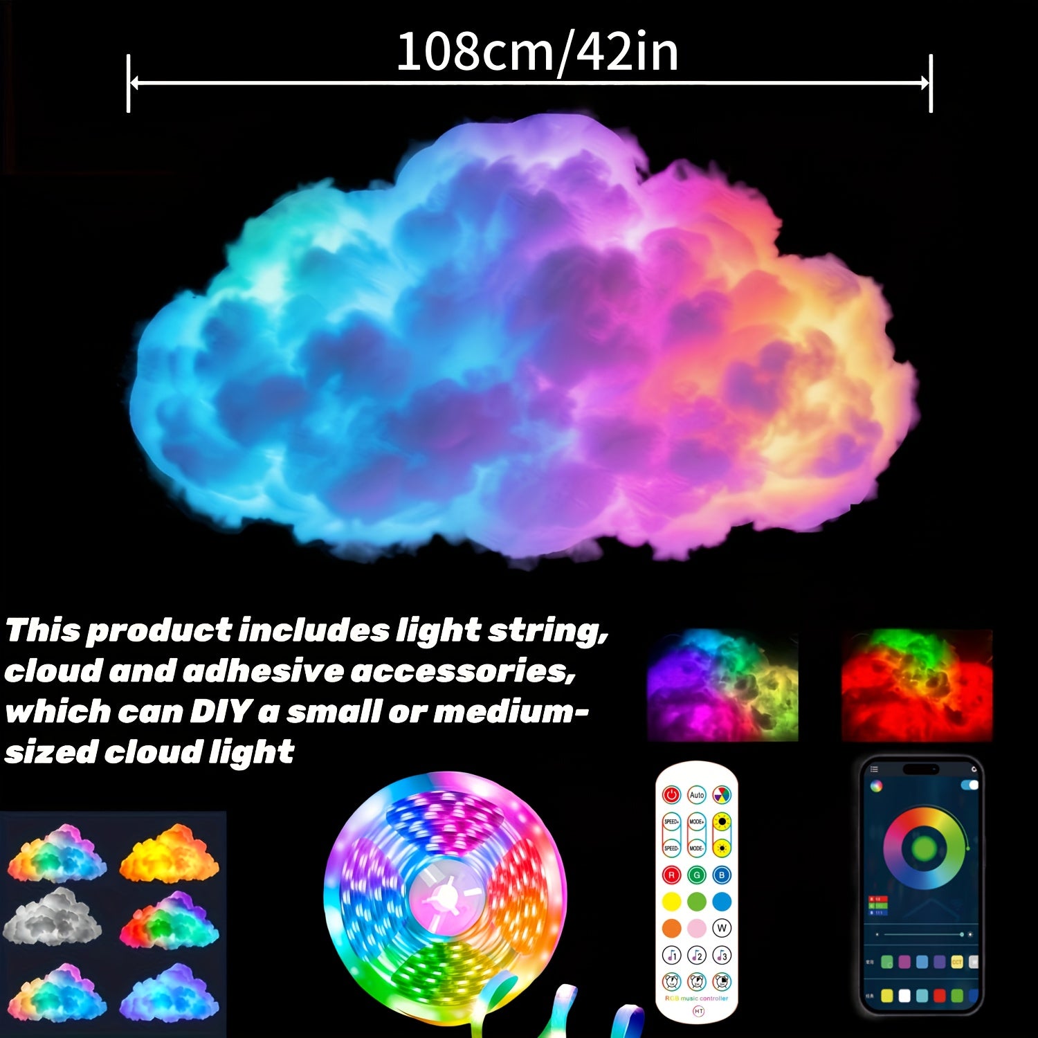 3D Thunder Cloud Night Light with Music Sync Mode - Smart RGB LED Strip Lights, USB-Powered Wall/Ceiling Mount for Bedroom, Gaming Room & Party Decor, Color Changing Ambient Lighting, Cloud Lights for Bedroom, Smooth Curved Design