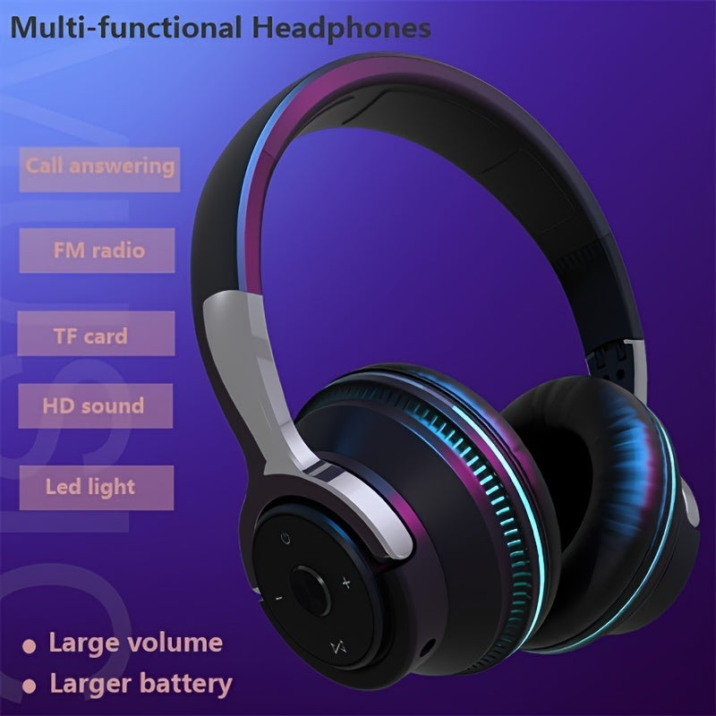 Wireless BT Over-Ear Headphones-Portable Headsets with 24 Hours Playtime, Built-in Mic for Clear Calls, FM Radio, Soft Earpads, LED Light, TF Card Support, And 3.5mm AUX Wired Connection-Foldable Design for Travel, Home, Office, And Mobile Devices.