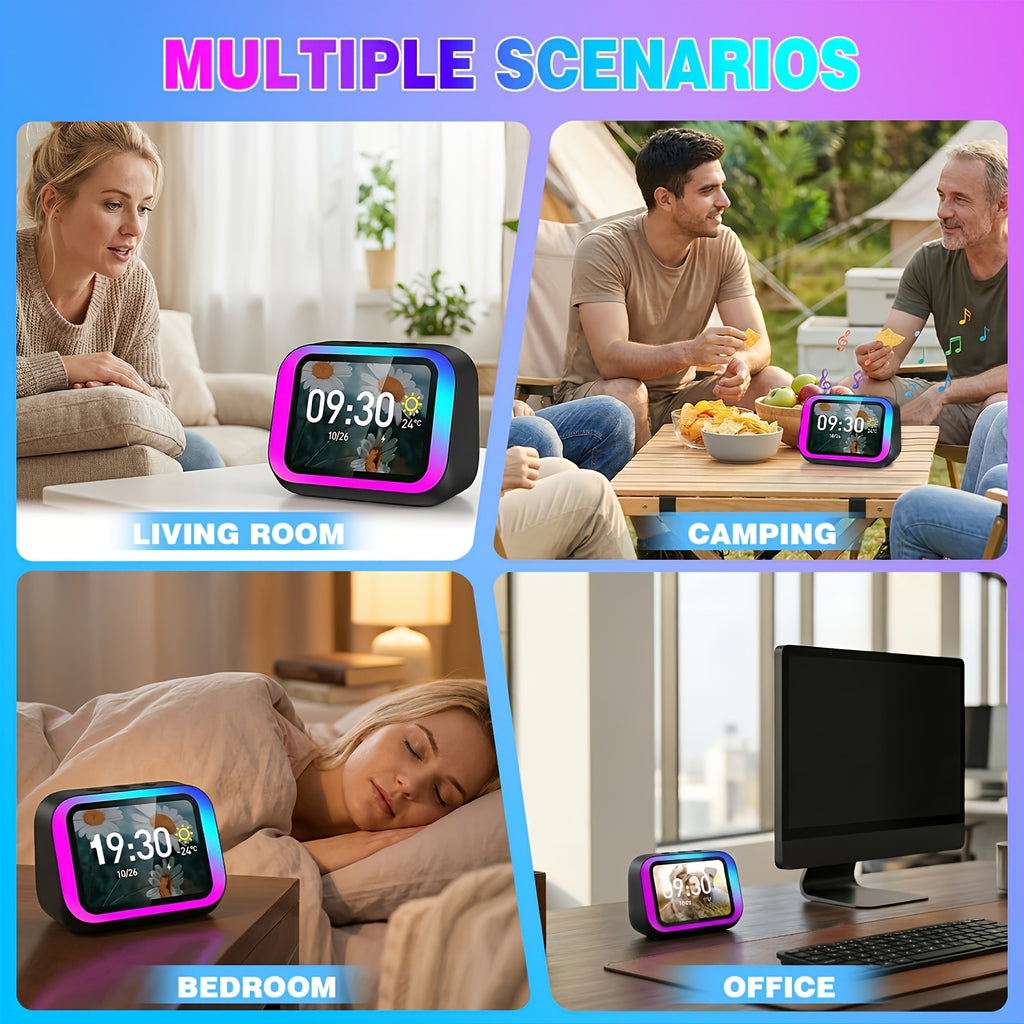 AI Smart Speaker, Smart Alarm Clock with Wireless Speaker & Dynamic RGB Light, Hi-Fi Stereo Sound, HD Smart Display, Answer/Make Call, Voice Assistant, Period Tracker, 2500mAh Battery, Portable Speakers - Charging Bedside Digital Clock