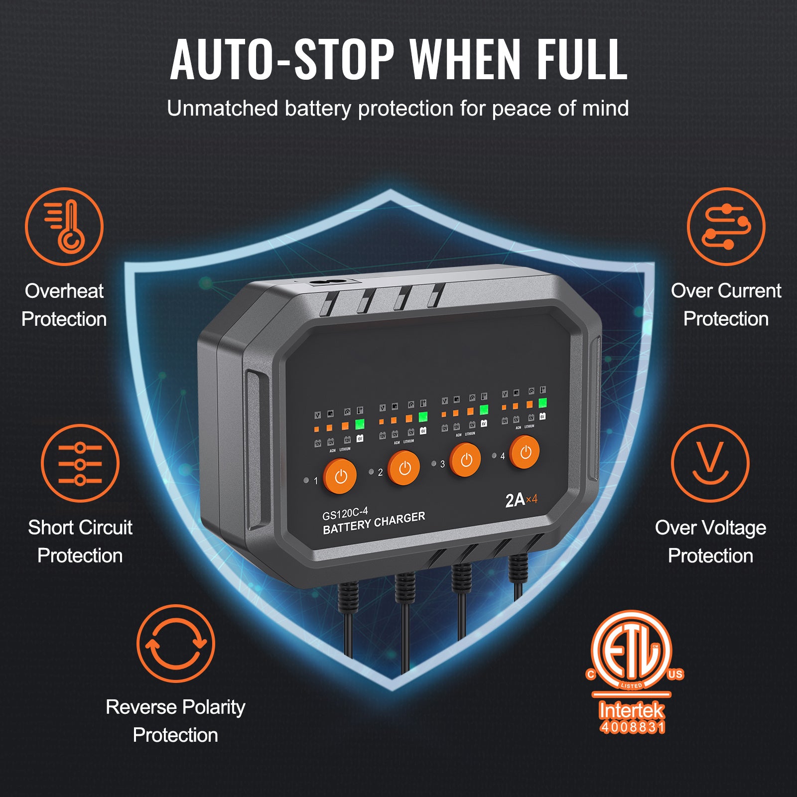 VEVOR Intelligent Charging Unit, 8A, Compatible with LiFePO4 & Lead-Acid (AGM/Gel/SLA) Batteries, Auto Charger & Maintainer for Boats, Motorcycles, Lawn Mowers, Golf Carts, and Marine Applications