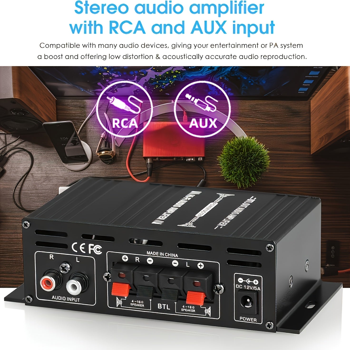 1 X 600W Dual-Channel Mini Power Amplifier, Hifi Stereo Compact Audio Power Amplifier, 2, 0 Channels, Class AB, RCA/ AUX Input, Bass And Treble Control, Sound Amplifier for Home, Computer And Car Music Players, Without Power Adapter And Power Cord