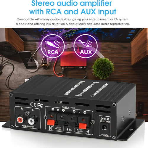 1 X 600W Dual-Channel Mini Power Amplifier, Hifi Stereo Compact Audio Power Amplifier, 2, 0 Channels, Class AB, RCA/ AUX Input, Bass And Treble Control, Sound Amplifier for Home, Computer And Car Music Players, Without Power Adapter And Power Cord