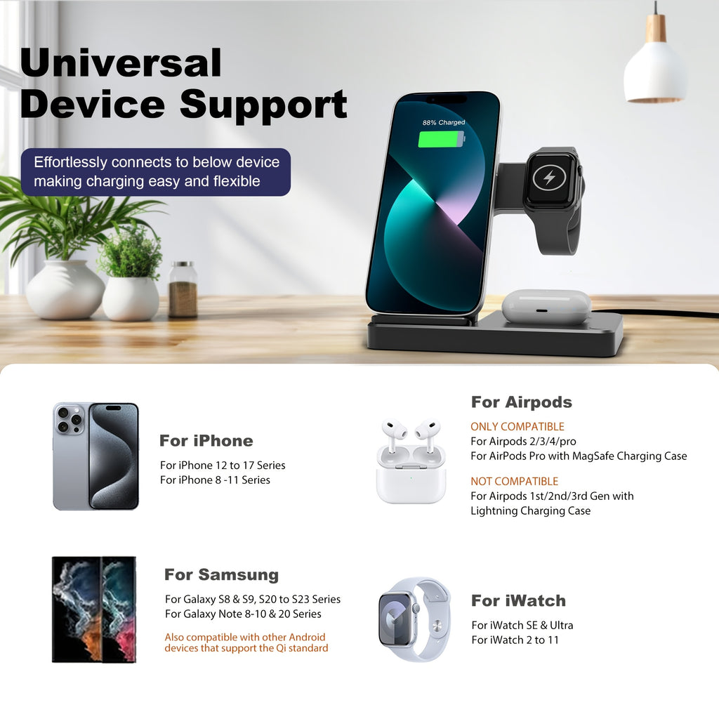 Wireless Charging Station 3-In-1 Standard 15W for Mag-Safe Fast Wireless Charger Stand, for Iphone 17 16 15 14 13 12 11 X 8 Pro Max/Pro/Mini/Plus, for Iwatch Ultra 10/9/8 7/6/5/4/3/2 SE, for Airpods 4/3/2/Pro/Pro2, Valentine'S Day/Birthday Gifts