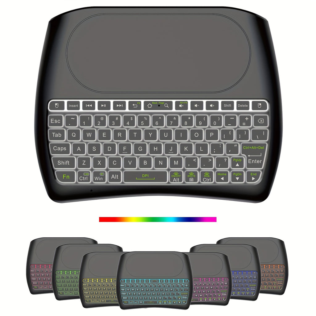 BT And 2.4G Dual Mode Wireless Mini Keyboard with Large Touchpad, Rechargeable Battery And 7-Color Backlight, Handheld Small Keyboard Remote Control with 2.4G USB Dongle, Plug And Play