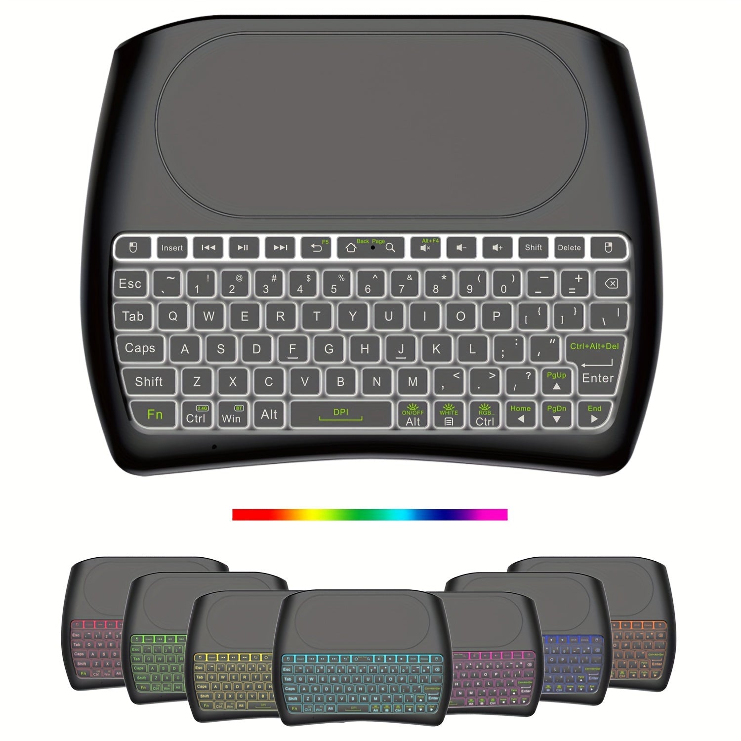 BT And 2.4G Dual Mode Wireless Mini Keyboard with Large Touchpad, Rechargeable Battery And 7-Color Backlight, Handheld Small Keyboard Remote Control with 2.4G USB Dongle, Plug And Play