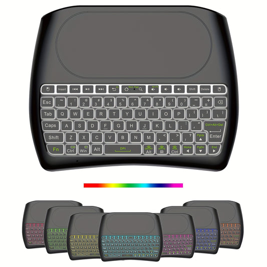 BT And 2.4G Dual Mode Wireless Mini Keyboard with Large Touchpad, Rechargeable Battery And 7-Color Backlight, Handheld Small Keyboard Remote Control with 2.4G USB Dongle, Plug And Play