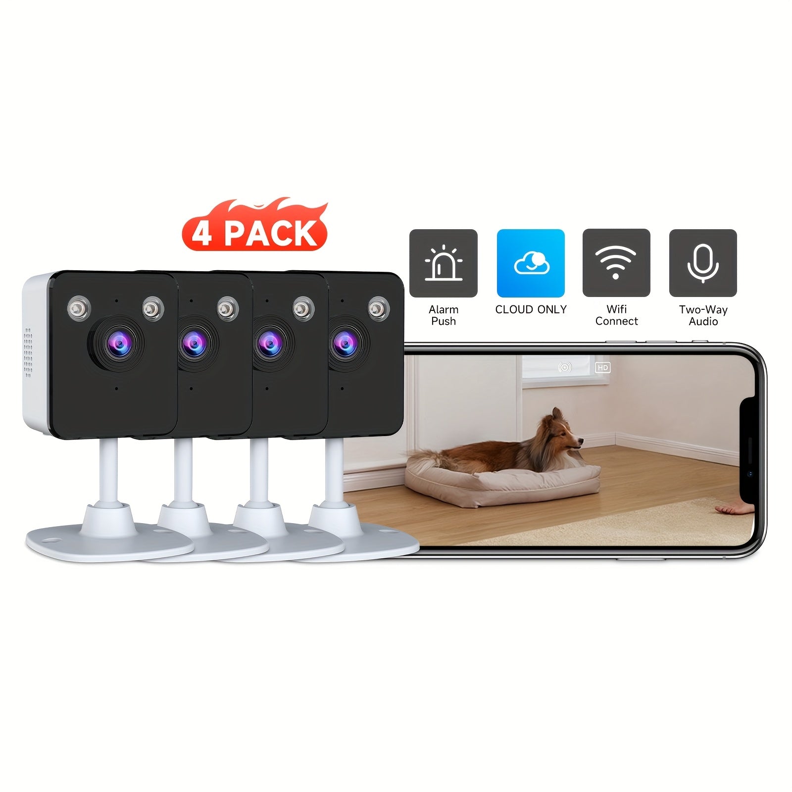 Set of 4 Indoor Cameras Featuring Motion Detection, Dual-Band Wifi, Baby Monitoring Capabilities, Night Vision, Two-Way Audio, And Siren. It Supports Cloud Storage And Up to 256GB SD Cards