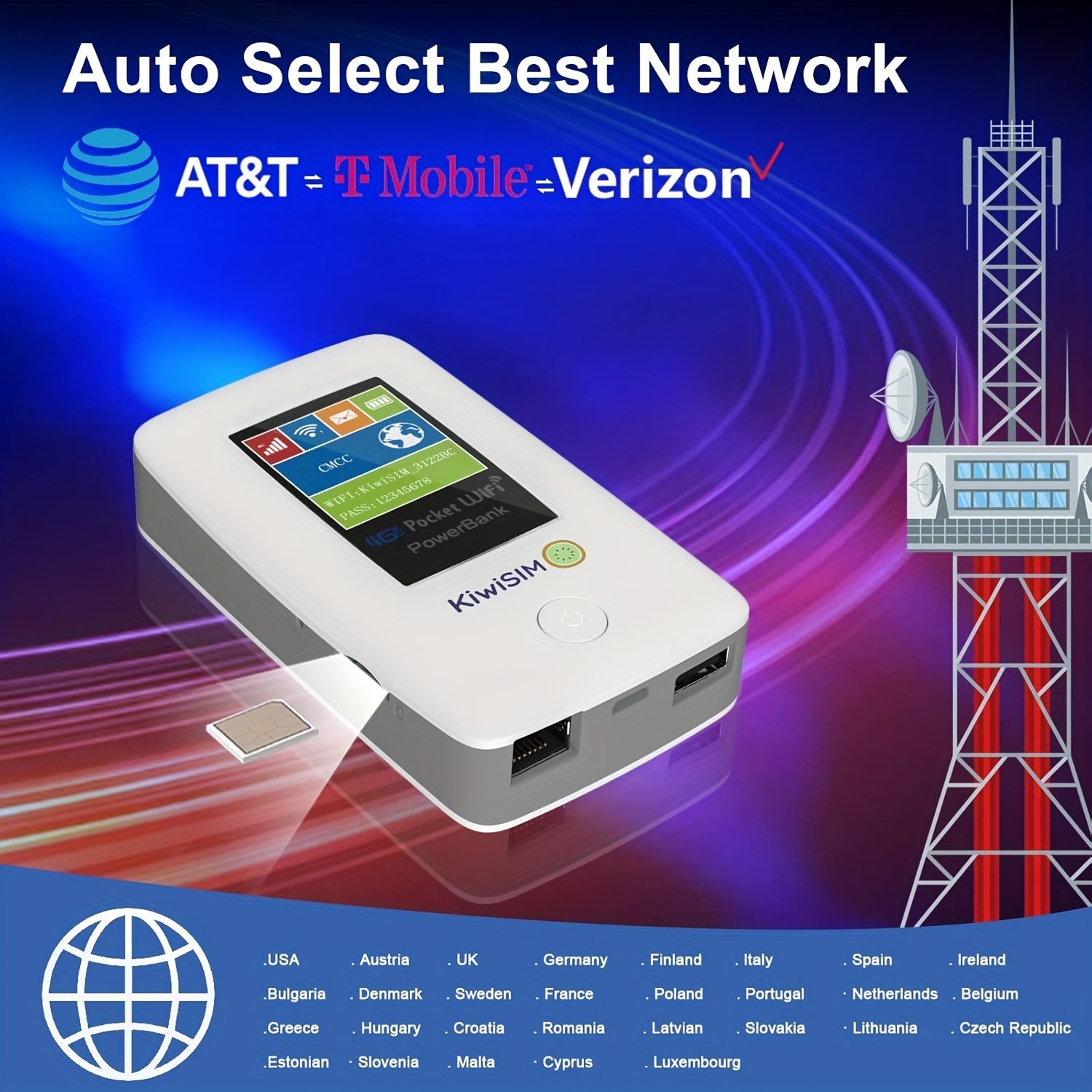4G LTE Portable WiFi Hotspot Pocket WiFi with 5GB Data SIM Card International Hotspot Router, No Contract or SIM Card Needed 10 Connected Devices Ideal for Travel in US and Europe