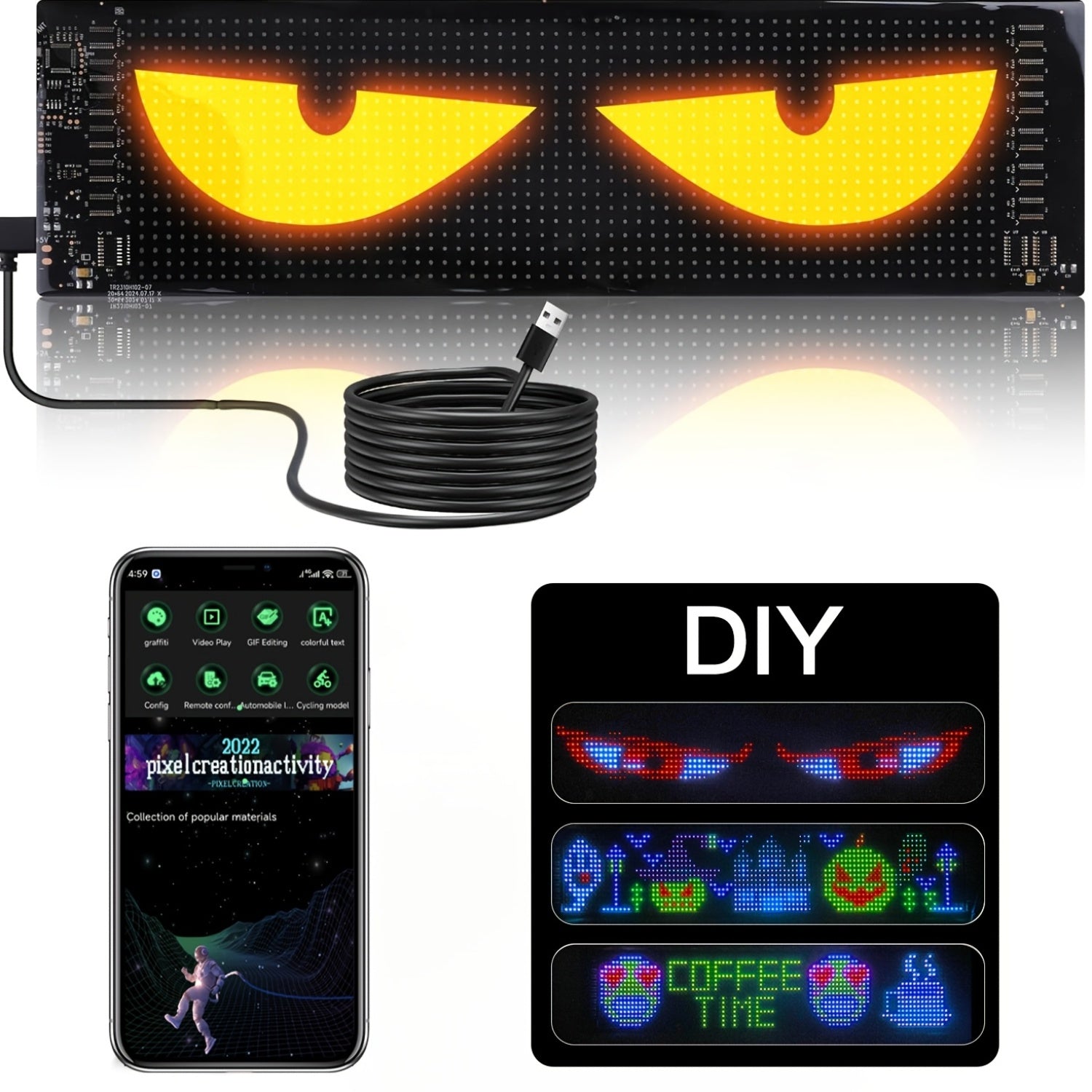 Programmable Flexible LED Display | Colorful Pixel Wall Art, App Control, Text and Pattern, Suitable for Store Signage, Car Window Decoration, Game Room Lights | Wall Mount, USB Powered, Non, Timer and Dimmable Features