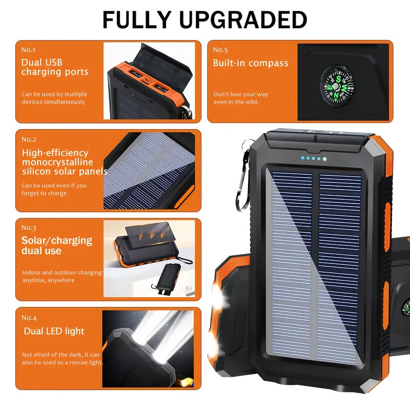 2pcs Solar Charger 20000mAh, 40000mAh, Portable Dual USB Output Solar Charging Panel, Fast Charging External Battery Pack, Built-in LED Flashlight Emergency Model For Hiking. (Pack Of 2)