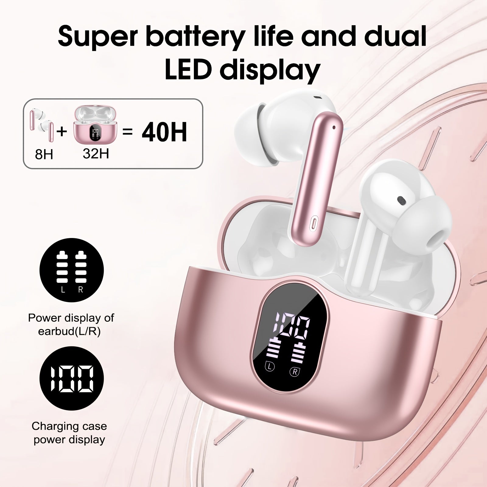Wireless Earphones, Wireless 5.3 Earphones with Bass Stereo Sound, Earphones with Noise Cancelling Microphone And LED Display Screen, In Ear Earphones, 40 Hours Of Playback Time, Suitable for Laptops, Tablets, Mobile Phones, And Sports Exercise