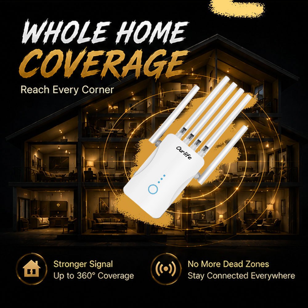 Wifi 6 Signal Amplifier, 1400Mbps Mesh Network Extender, Dual-Band 2.4Ghz/5Ghz, High-Speed Wi-Fi System with 6 Antennas, One-Button Operation, Easy Installation, Comprehensive Home Coverage, Works with Smartphones, Tablets
