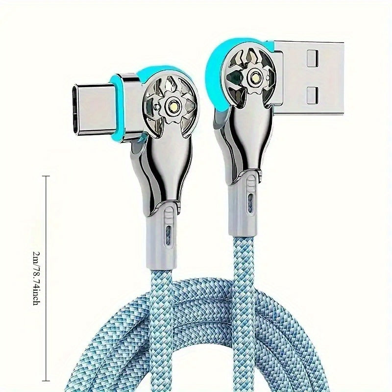 Fast Charging Data Cable 90 Degree Cable, 6.56FT 2M Left&Right Angle Type-C with Light Double Elbow Rotation 65W Flash Charging Is Suitable for Phone, Samsung Car Universal Android Mobile Phone Charging Cable