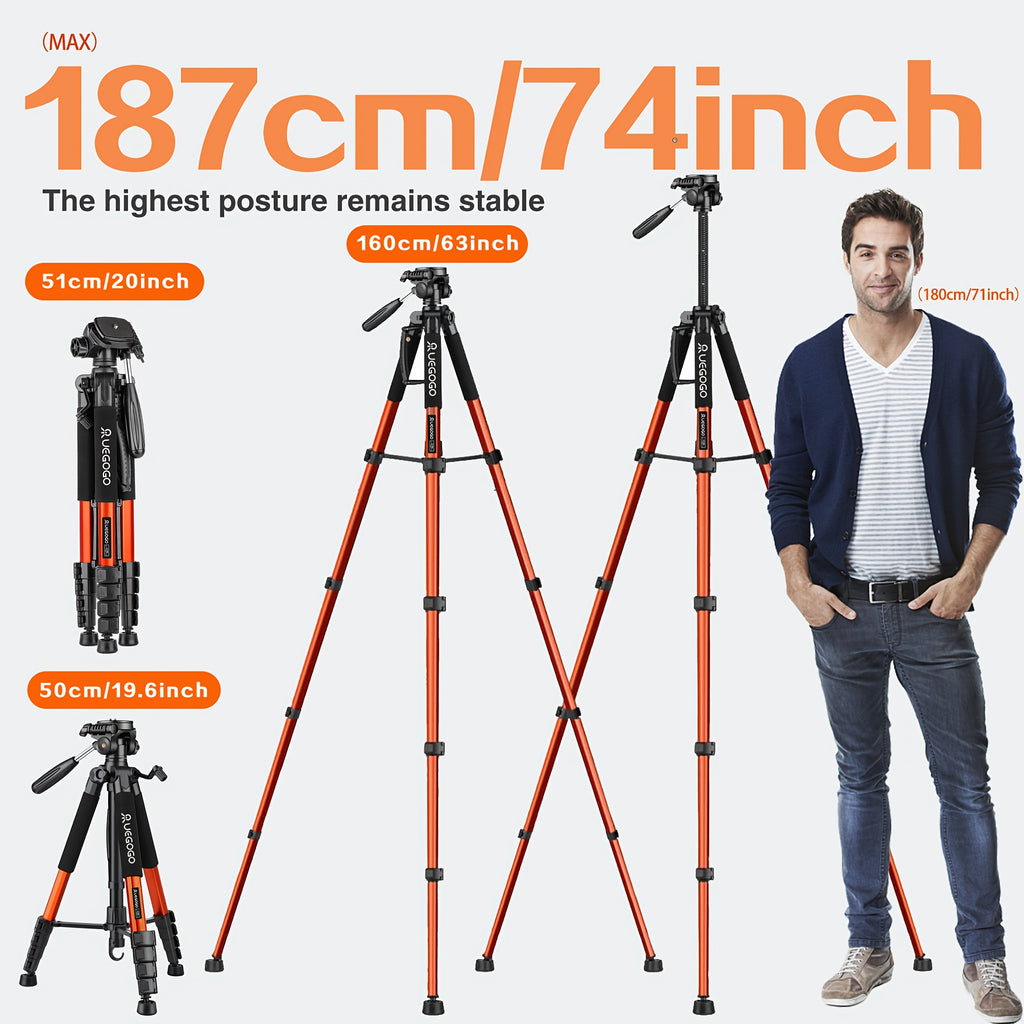 Professional Camera-Tripod 74" Heavy-Duty Stand, with Phone Holder, for DSLR Camera & Video - Compact Travel Tripod, Quick Release Plate & Bag - Ideal for Canon, Nikon, Sony, Compatible with Cell Phones, Projector