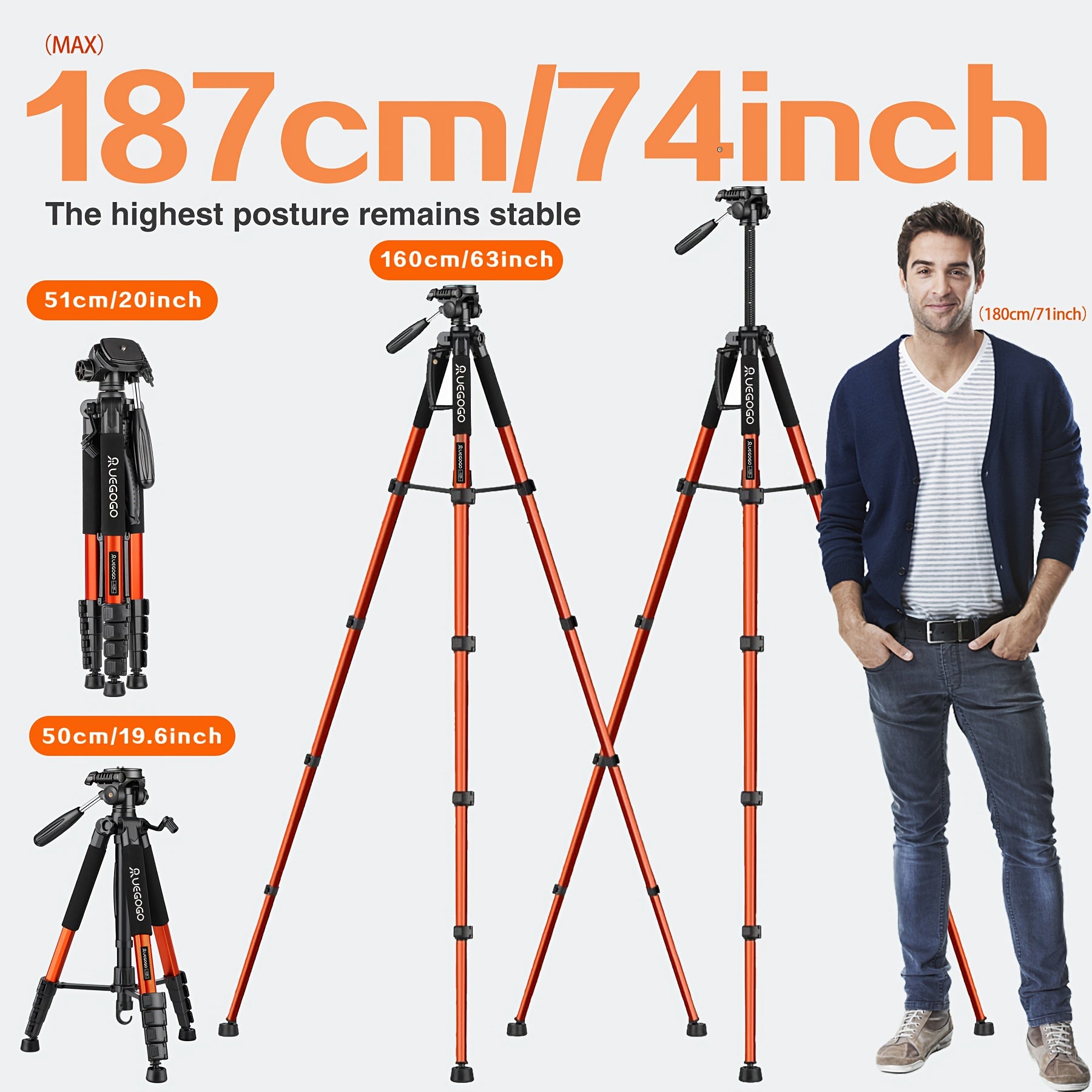 Professional Camera-Tripod 74" Heavy-Duty Stand, with Phone Holder, for DSLR Camera & Video - Compact Travel Tripod, Quick Release Plate & Bag - Ideal for Canon, Nikon, Sony, Compatible with Cell Phones, Projector