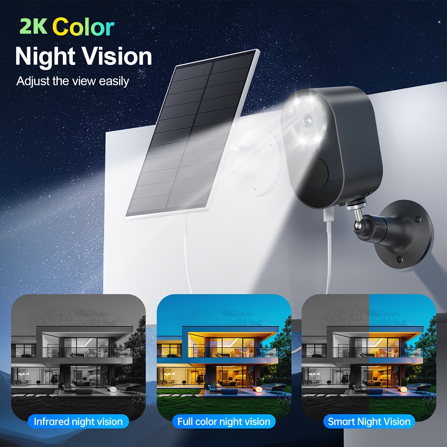 Outdoor Solar-powered Surveillance Camera, 2K High-definition Indoor/outdoor Low-power Monitoring, Waterproof, Pet/baby Surveillance Camera, 2.4G Wi-Fi, Two-way Voice Call, Human Figure Alarm Function, Color Night Vision