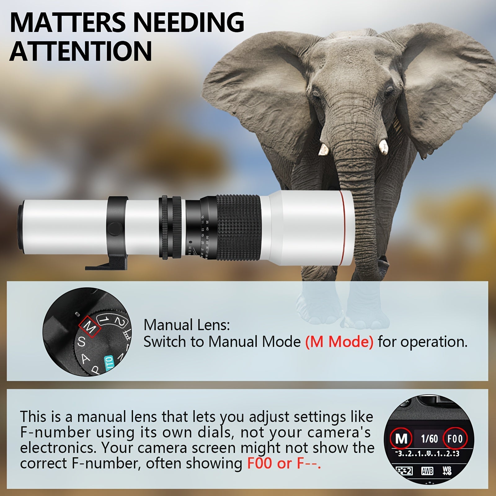 500mm F/8 Manual Focus Telephoto Lens, Canon EF Mount, Compatible with Nikon DSLR Cameras, Zoom Lens with Optical Zoom, T-Mount, with Adapters for Multiple Camera Models