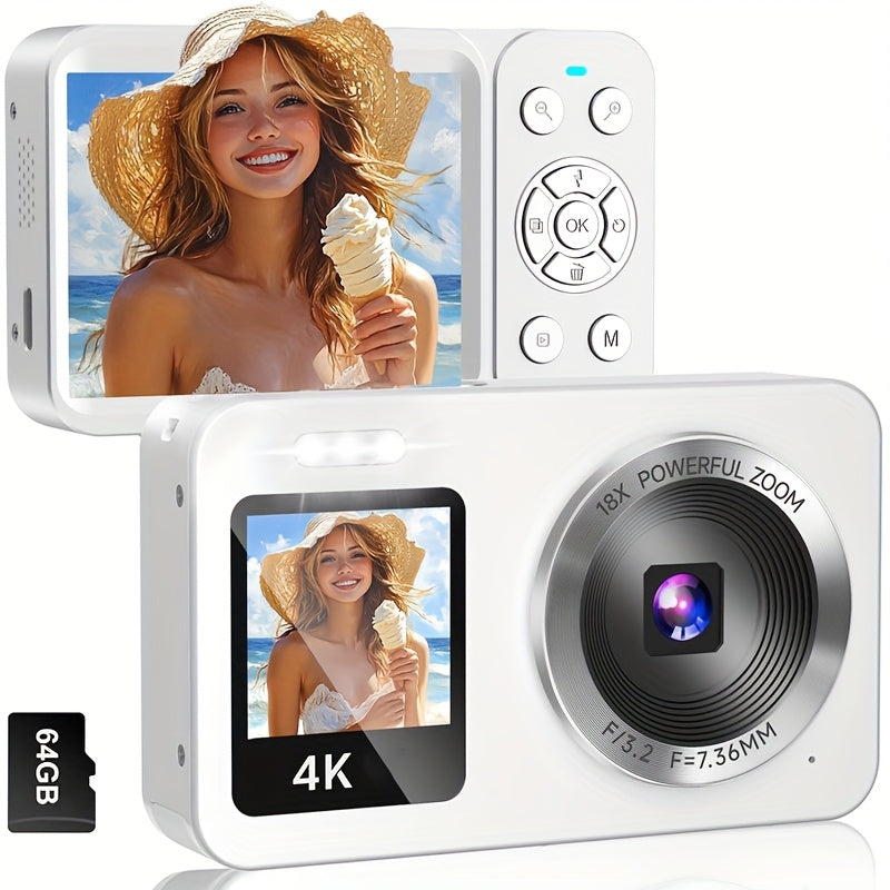 WESECUU 4K Dual Screens Digital Camera with 18X Zoom, Vlogging Camera for Photography with Anti-Shake, Portable Small Point And Shoot Digital Cameras with 64GB TF Card And 2 Rechargeable Batteries, Portable Selfie Camera for Friends And Family Gifts