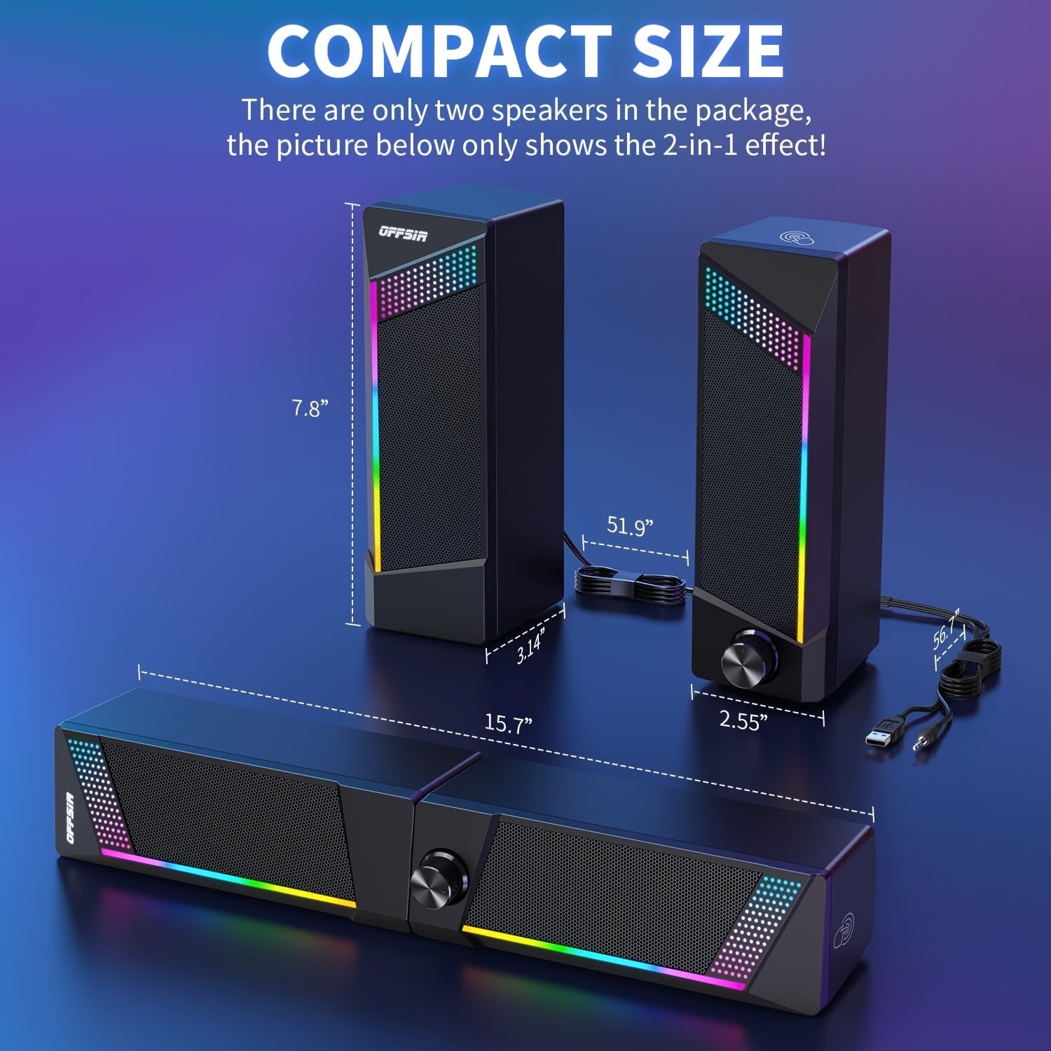 2 In 1 Computer Speakers, Wired PC Soundbar, Gaming Speakers For PC Computer Laptop Desktop, With Volume Control, Subwoofer, RGB Ambient Light, USB Powered Speaker With 3.5mm Aux (Only 2 Speakers Included, No Soundbar)