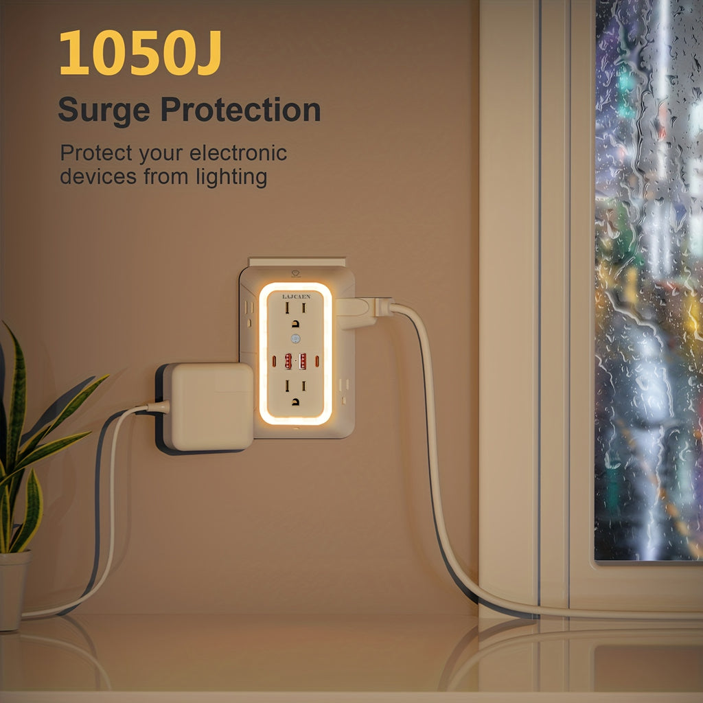 10-in-1 USB Wall Charger, Multi-Plug Wall Outlet Surge Protector, 6-Outlet AC Extender with 4 USB Charging Ports, 3-Sided 1050J Power Strip Multi-Plug Adapter for Home, Travel, Office (2A/2C), Total USB Output: 5V/3.1A, Multi-Plug Outlet for College