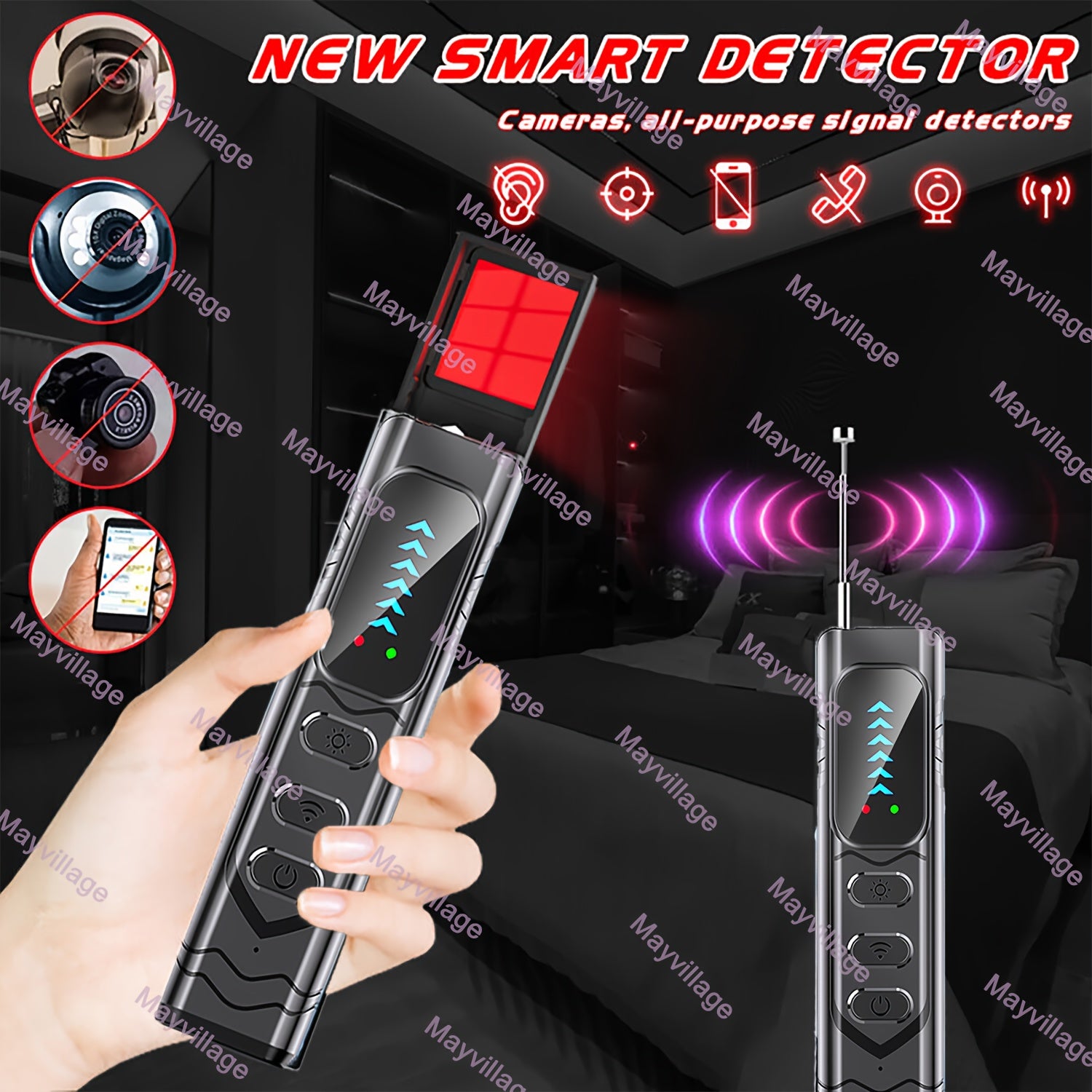 Portable Devices for Detecting Hidden Cameras And Anti-Spy RF Signals, Designed to Protect Your Privacy by Locating GPS Trackers And Wireless Eavesdropping Equipment in Various Settings Such As Cars, Homes, Hotels, Bathrooms, During Travel, And in Offices