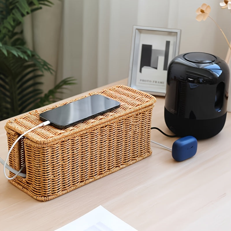 Desktop Cable Management Box with Lid & Imitation Rattan Woven Cover - Cord Suitable for Power Strips, Outlet Cover, Cable Storage Box for Home Office,, Desk - Cord Concealer for Power Strip, Data Cable Holder, Space-Saving