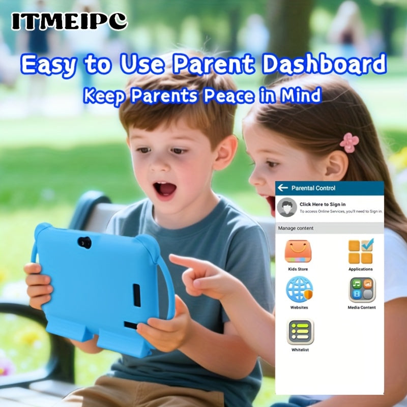 [Android 14 Tablet] ITMEIPC, 2025 New Models, 7 Inch Android Kids Tablet, Android14, 4GB(2GB+2GB) RAM 32GB ROM Dual Camera, Wi-Fi, Large Screen Learning Entertainment Tablet Parental Control Pre-installed Apps, HD Screen Protective Case High-Performance S