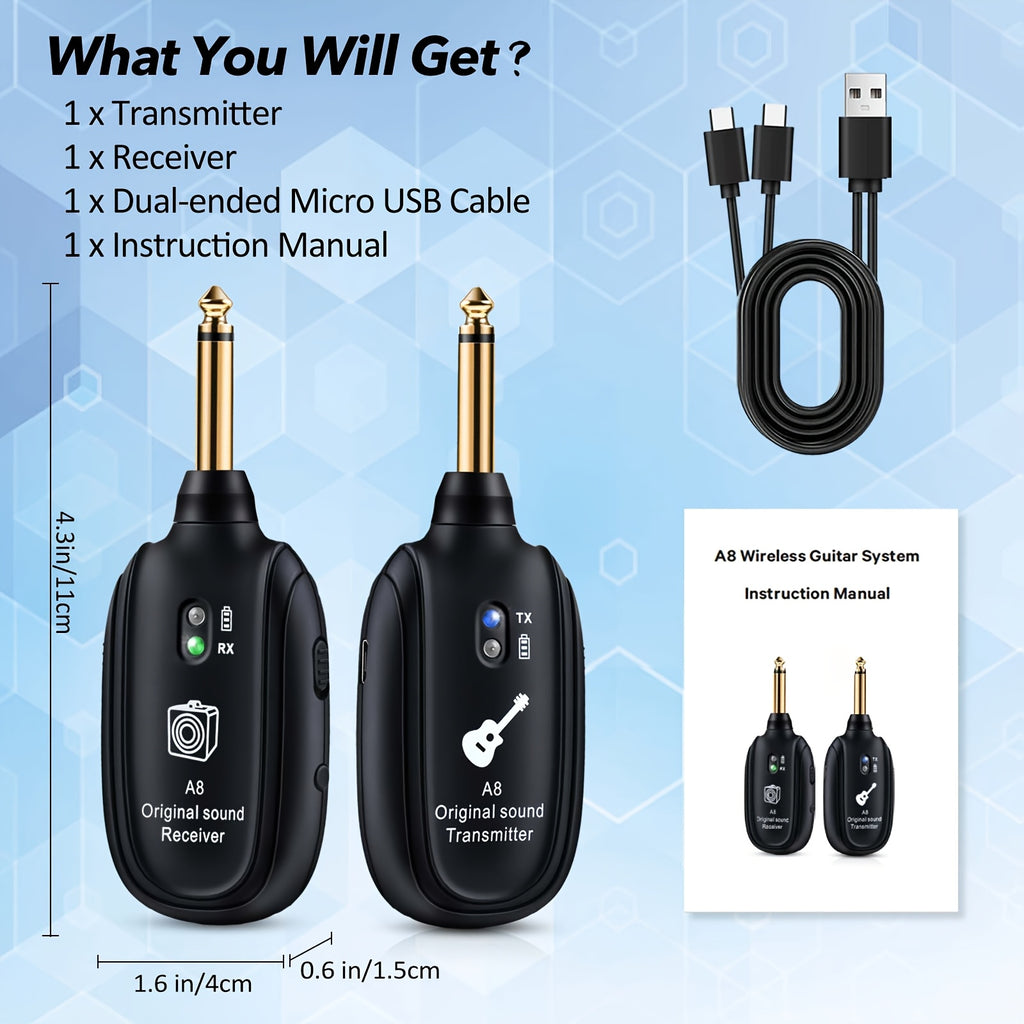 UHF Wireless Audio, 100ft Long Range, Plug & Play, with Noise-Free Transmission for Live Performances, Compatible with Guitar, Bass, Violin, Keyboard - 2 Transmitters + Receiver, Guitar Wireless System, Musical Performance Gear, Durable
