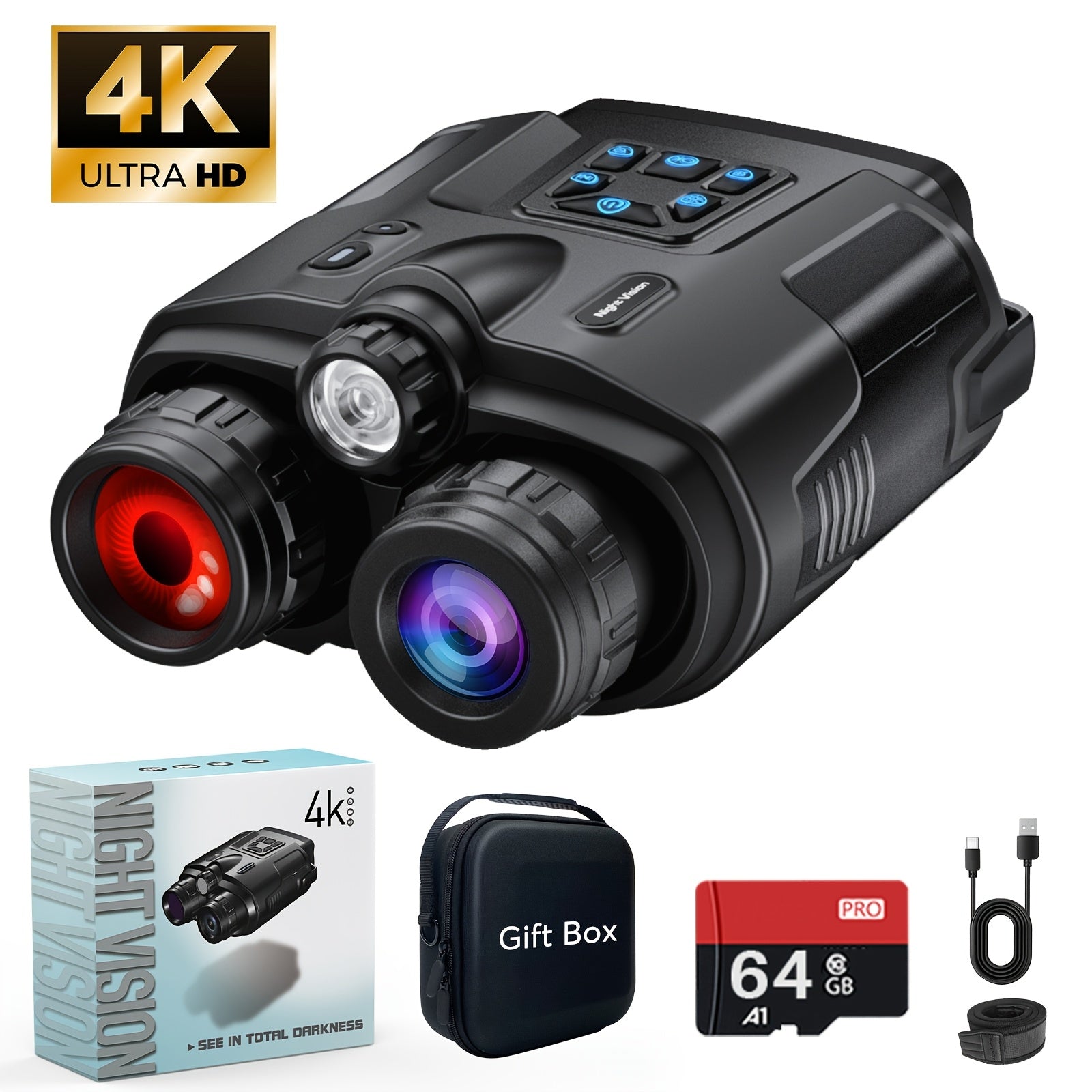4K Digital Infrared Night Vision Binoculars, 5000mAh High-capacity Lithium-ion Battery, 3-inch Ultra-high-definition Display, Backlit Buttons, 8x Digital Zoom, 5x Optical Zoom, 64GB Memory Card with Tactical Illuminated Fill-in Light, for Hunting