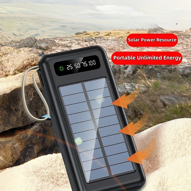 10000/20000/30000mAh 5W Slow Charging/15W Fast Charging Multifunctional Solar Power Bank With Ultra-bright LED Light, Large Capacity Rechargeable Portable Mobile Phone Charger Built-in 4 Cables Digital Display Dual Usb Port USB-C Input