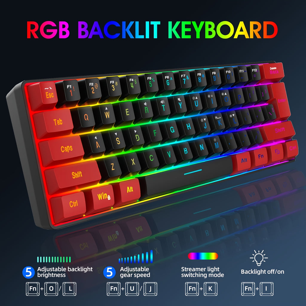 SNPURDIRI 60% Wired Gaming Keyboard, Small RGB Backlit Membrane Gaming Keyboard, Ultra-Compact Mini Keyboard for PC Gamers, Red And Black
