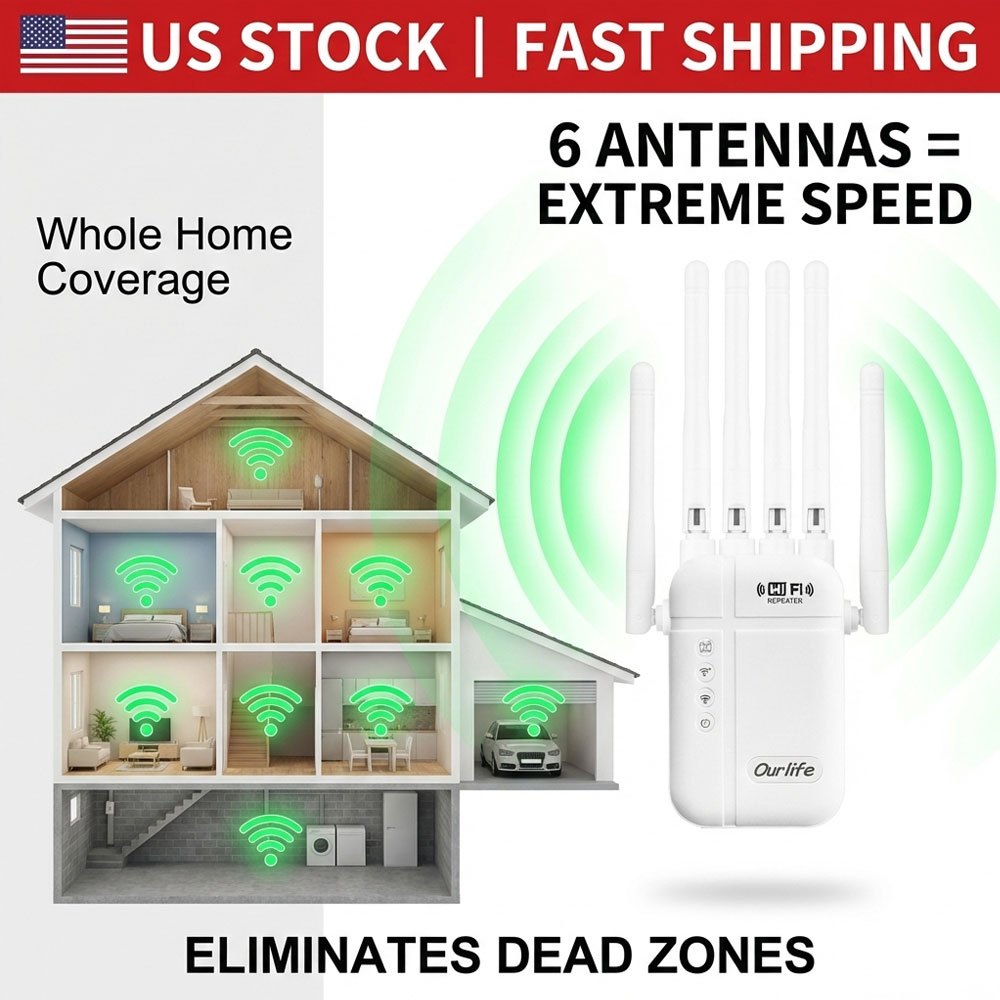 2026 New WiFi Booster, 1800Mbps, Suitable for Home 10000 Square Feet and 50 Devices Signal Enhancement, WiFi Signal Booster One Click Setting, Signal Amplifier with Ethernet Port, 6 Antennas for 360 ° Full Coverage