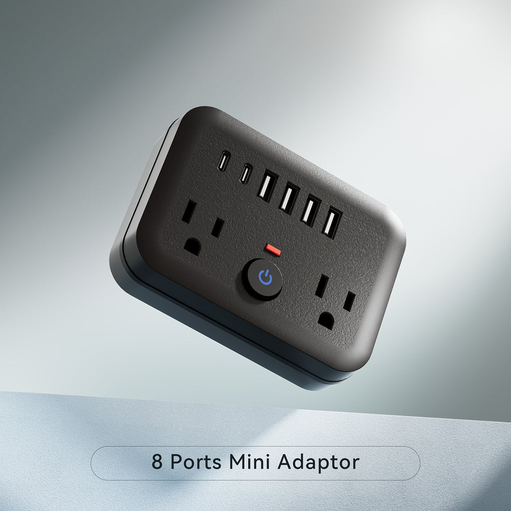 Mini Portable Surge Protector Power Strip, 8-in-1 Multifunction with 2 Outlets, 4 USB Ports, 2 USB-C Jacks, Overload Protection, US Plug, Wall-Mounted for Home, Travel, Office - Black & White, Travel Accessory | Sleek Black Design | Multi-port Surge