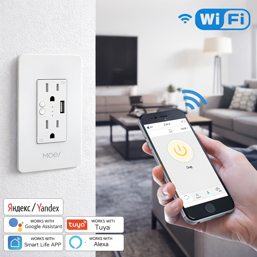 MOES Intelligent Wifi Wall Socket Featuring 2 Separate Outlets And a USB Port, Compatible with Alexa And Google Home for Voice Commands, Remote Management Through App, No Hub Needed, 15A 2.4Ghz Only